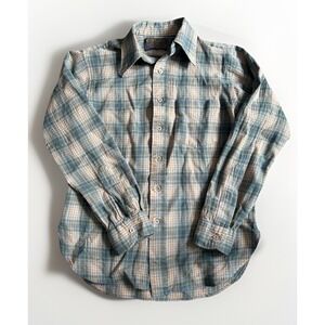 PENDLETON VINTAGE Wool Shirt Adult Size MEDIUM Plaid Blue & Brown USA BLUE TAG